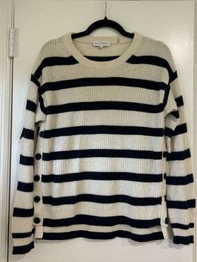White + Warren Wool Blend Navy White Stripes Button Detail Sweater Small